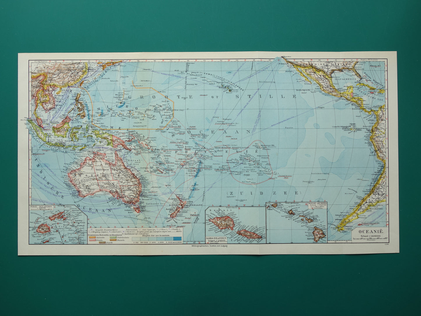 Oude Nederlandse kaart van Oceanië uit 1936 originele vintage landkaart