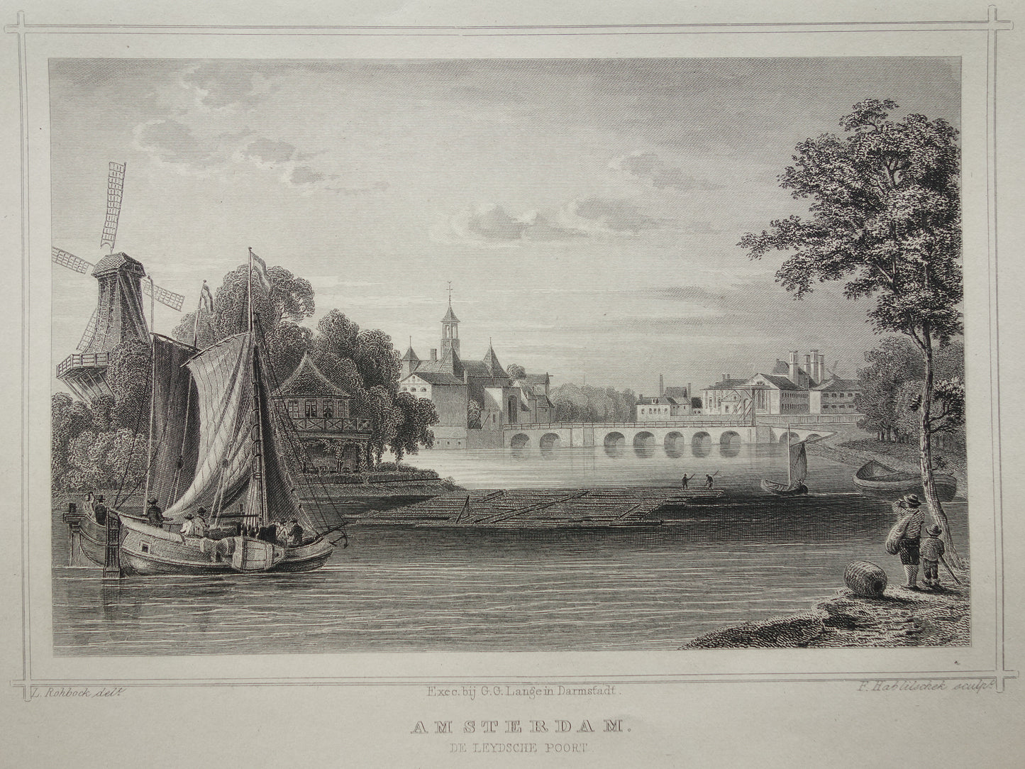 Leidsepoort oude prent Amsterdam Leidseplein Originele antieke gravure uit 1858 historische illustratie Terwen Koningrijk der Nederlanden Amsterdam. De Leydschepoort
