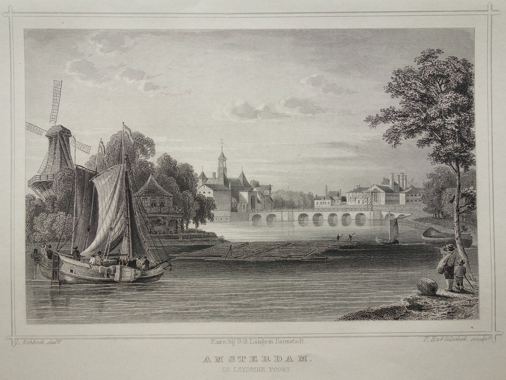 Leidsepoort oude prent Amsterdam Leidseplein Originele antieke gravure uit 1858 historische illustratie Terwen Koningrijk der Nederlanden Amsterdam. De Leydschepoort