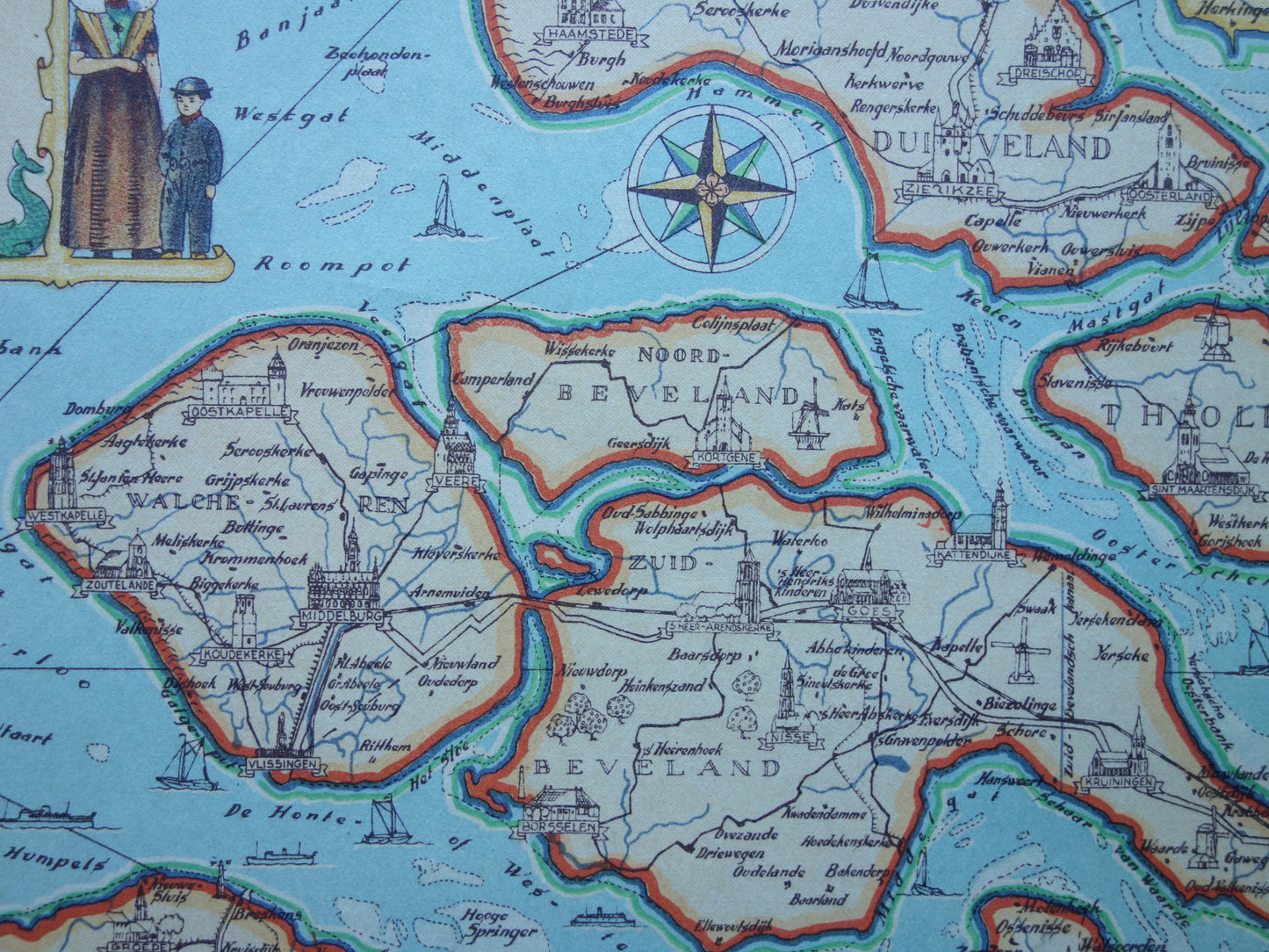 ZEELAND Vintage map of the province of Zeeland from 1947 Old historical map