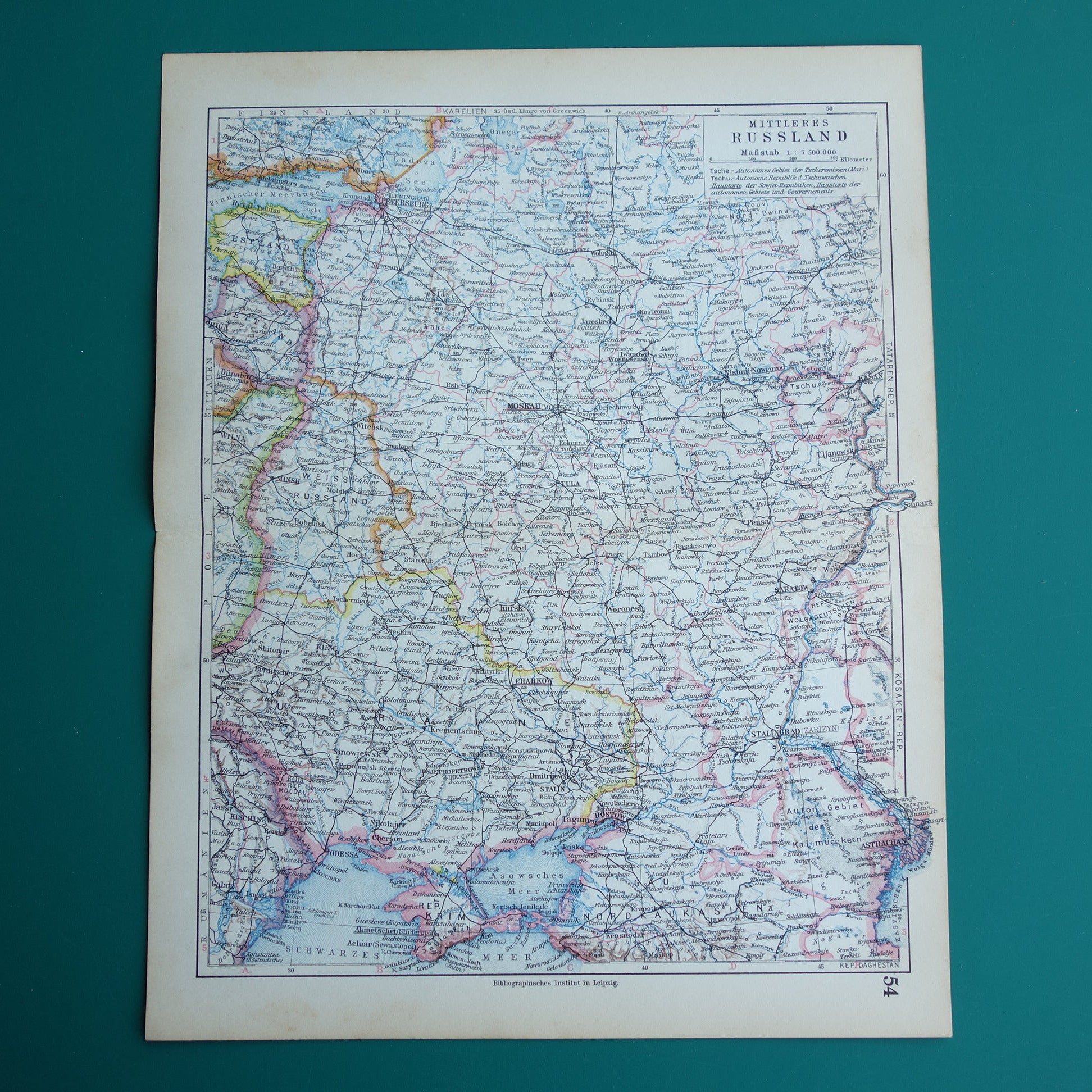 Oude landkaart van Midden-Rusland uit 1928 Vintage landkaart