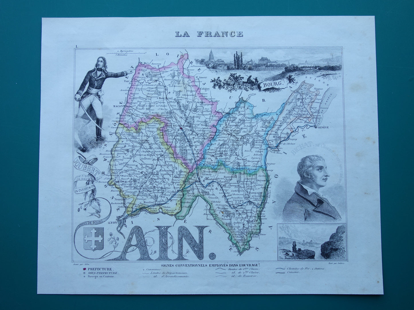 Old map of AIN department in France from 1856 original antique hand-colored map Bourg Belley Nantua Trevoux