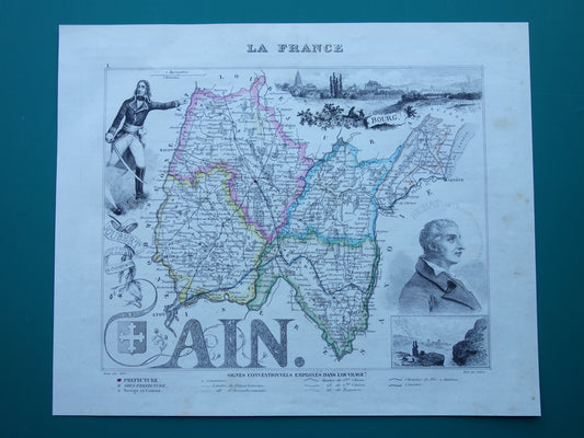 Old map of AIN department in France from 1856 original antique hand-colored map Bourg Belley Nantua Trevoux
