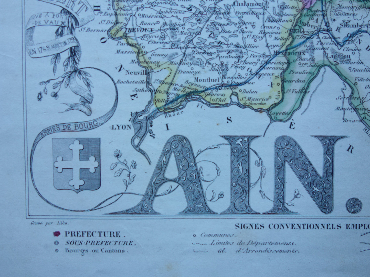 Old map of AIN department in France from 1856 original antique hand-colored map Bourg Belley Nantua Trevoux