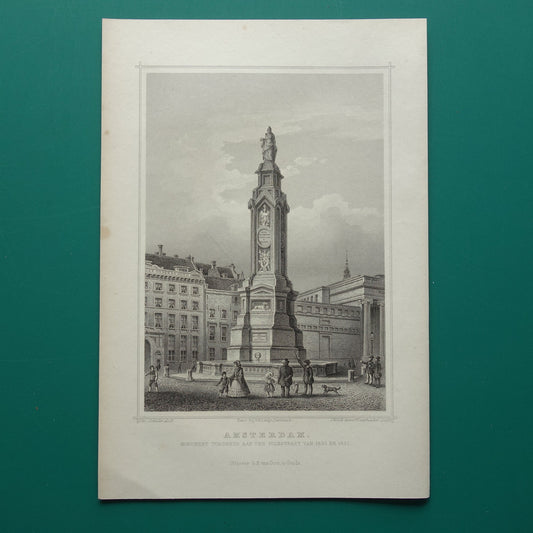 Amsterdam Naatje op de Dam oude prent uit 1858 Originele antieke gravure illustratie Terwen Koningrijk der Nederlanden Amsterdam Monument toegewijd aan den volksgeest van 1830 en 1831