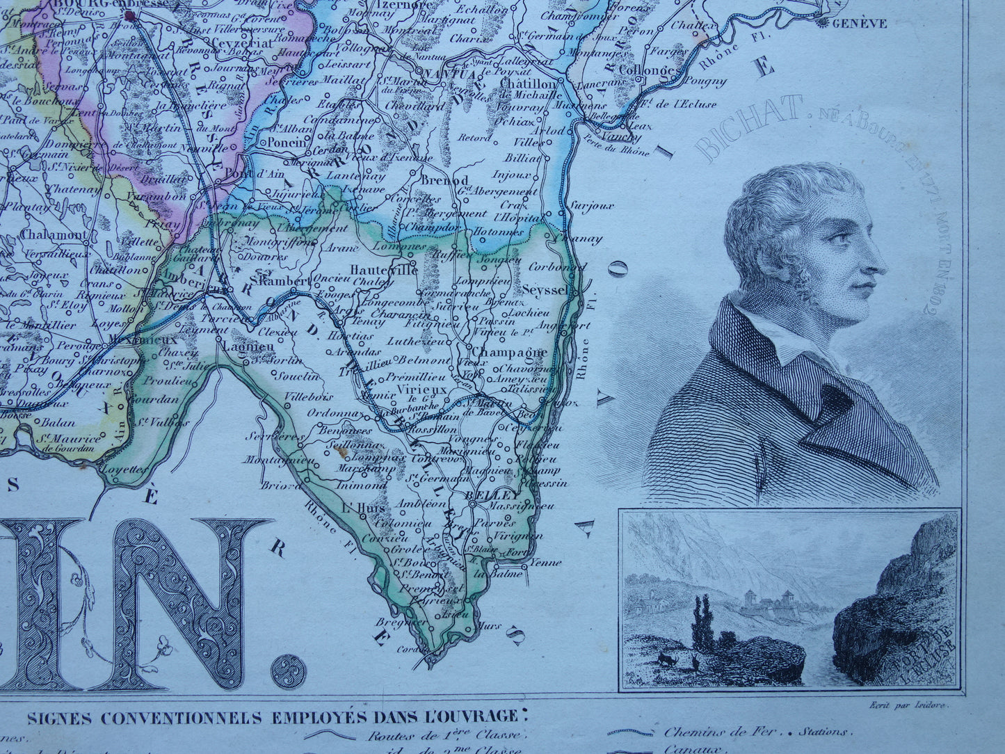 Old map of AIN department in France from 1856 original antique hand-colored map Bourg Belley Nantua Trevoux