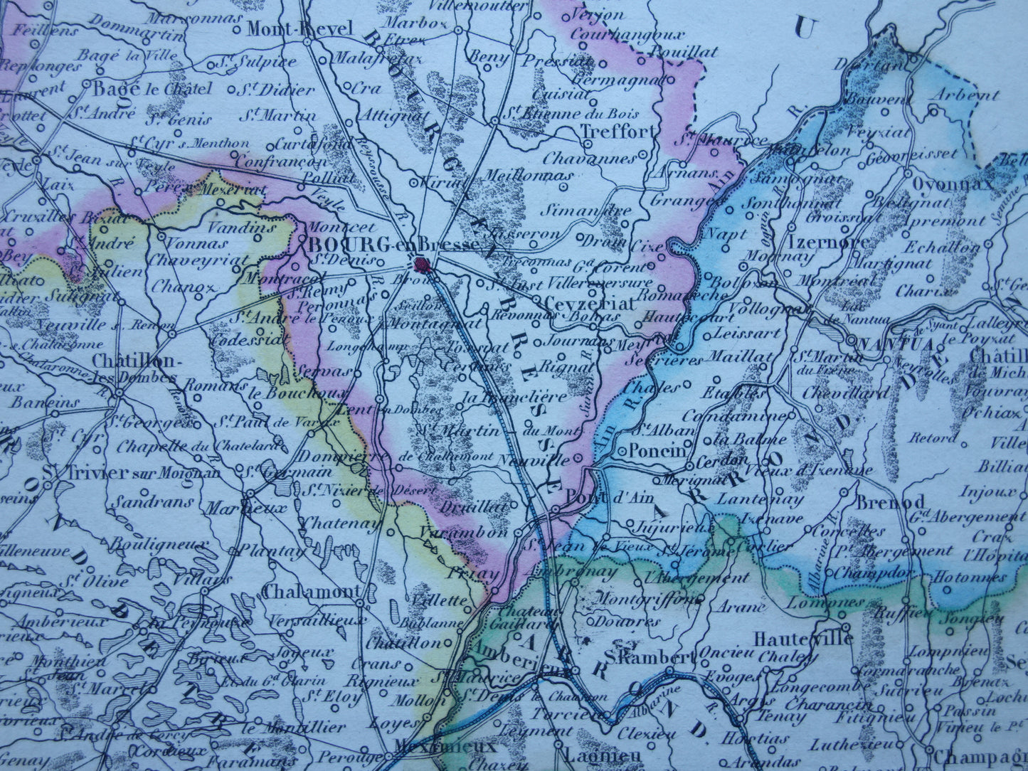 Old map of AIN department in France from 1856 original antique hand-colored map Bourg Belley Nantua Trevoux