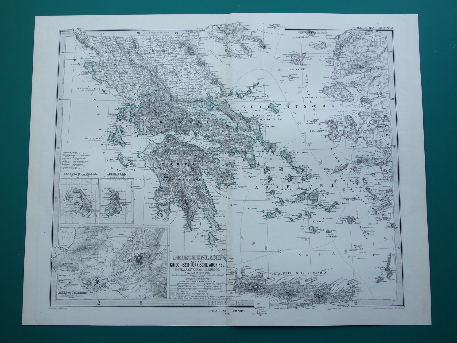 145+ jaar oude landkaart van Griekenland originele antieke kaart uit 1879 vintage kaarten Athene Piraeus