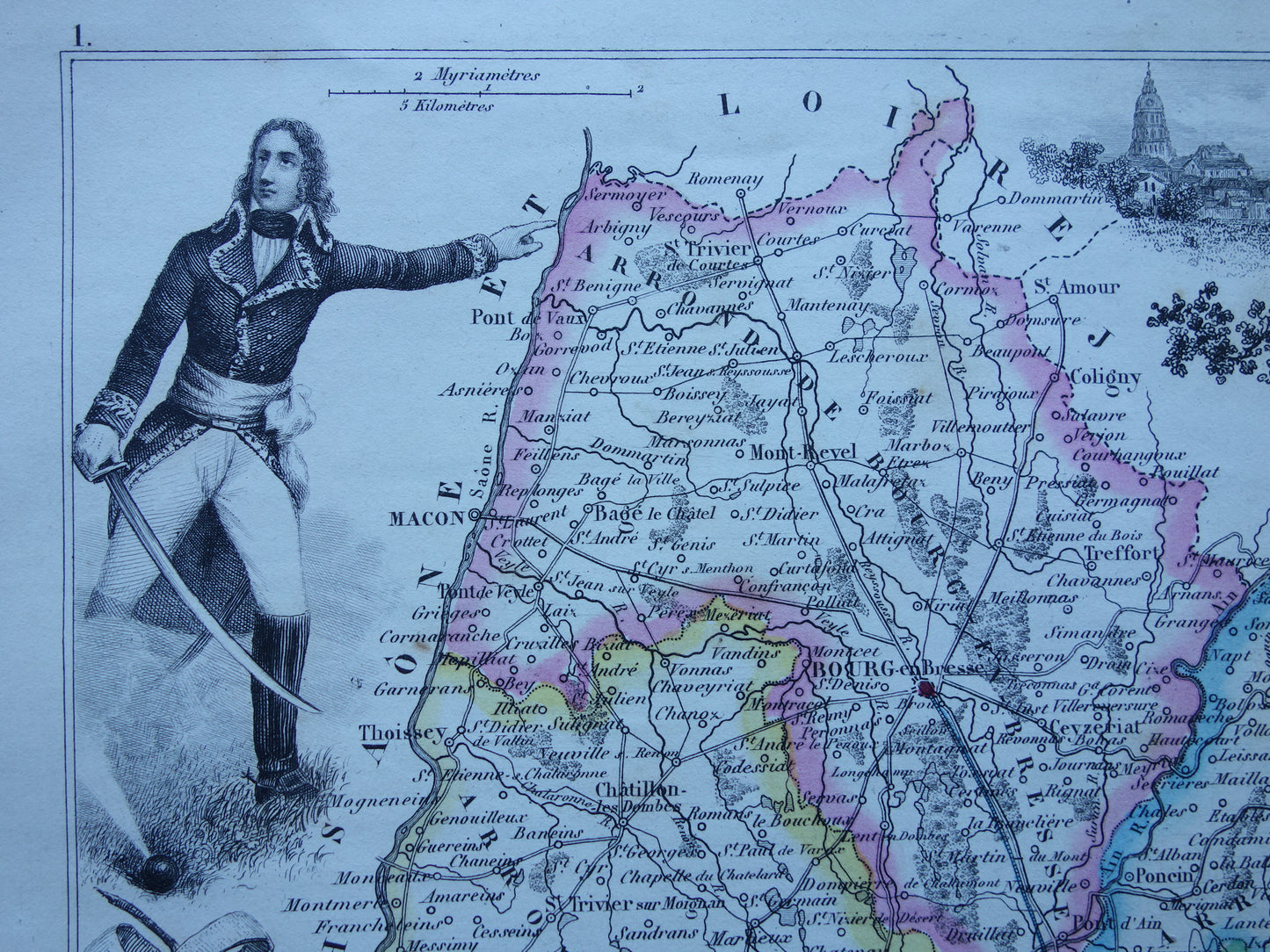 Old map of AIN department in France from 1856 original antique hand-colored map Bourg Belley Nantua Trevoux