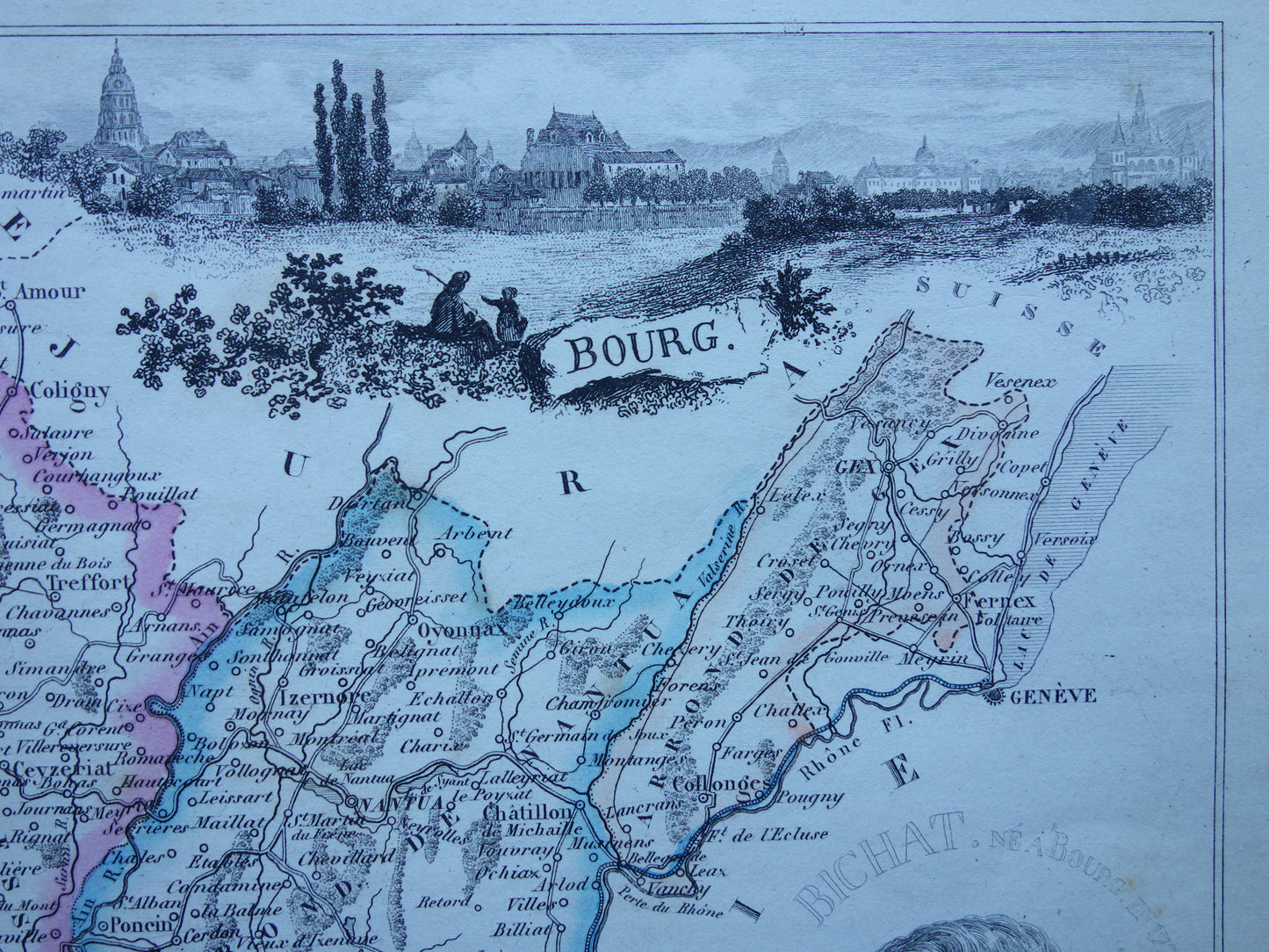Old map of AIN department in France from 1856 original antique hand-colored map Bourg Belley Nantua Trevoux