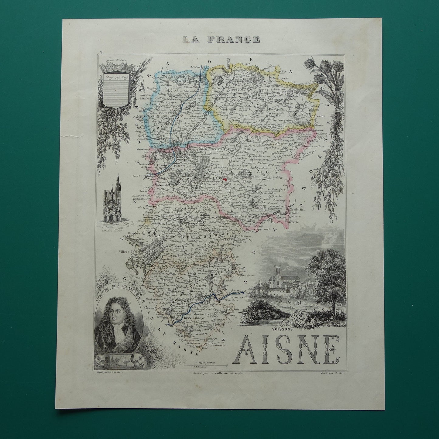 Oude kaart AISNE departement Frankrijk uit 1856 originele antieke handgekleurde landkaart Laon Soissons Saint-Quentin