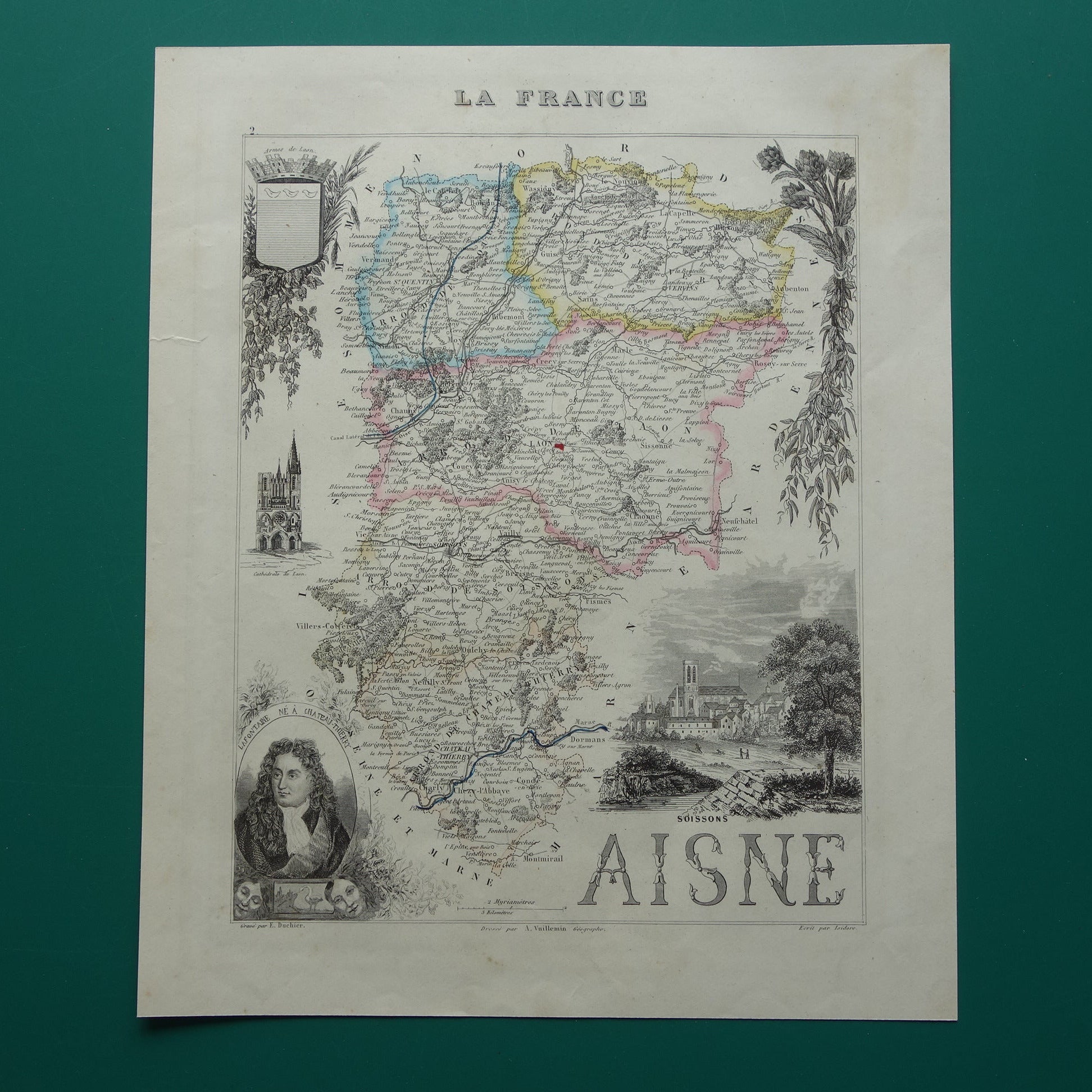 Oude kaart AISNE departement Frankrijk uit 1856 originele antieke handgekleurde landkaart Laon Soissons Saint-Quentin