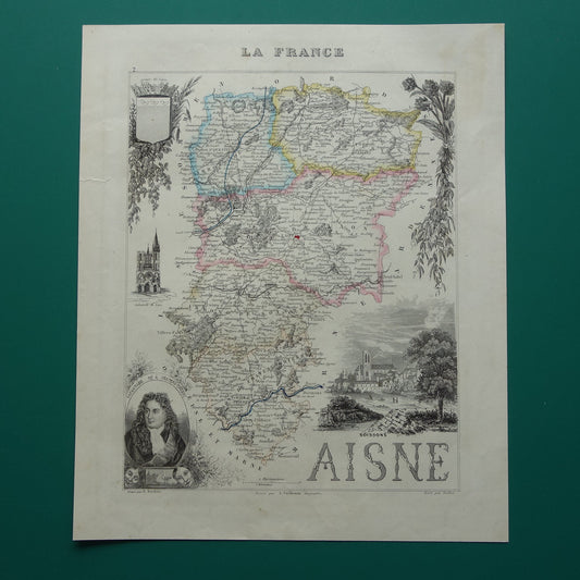 Oude kaart AISNE departement Frankrijk uit 1856 originele antieke handgekleurde landkaart Laon Soissons Saint-Quentin