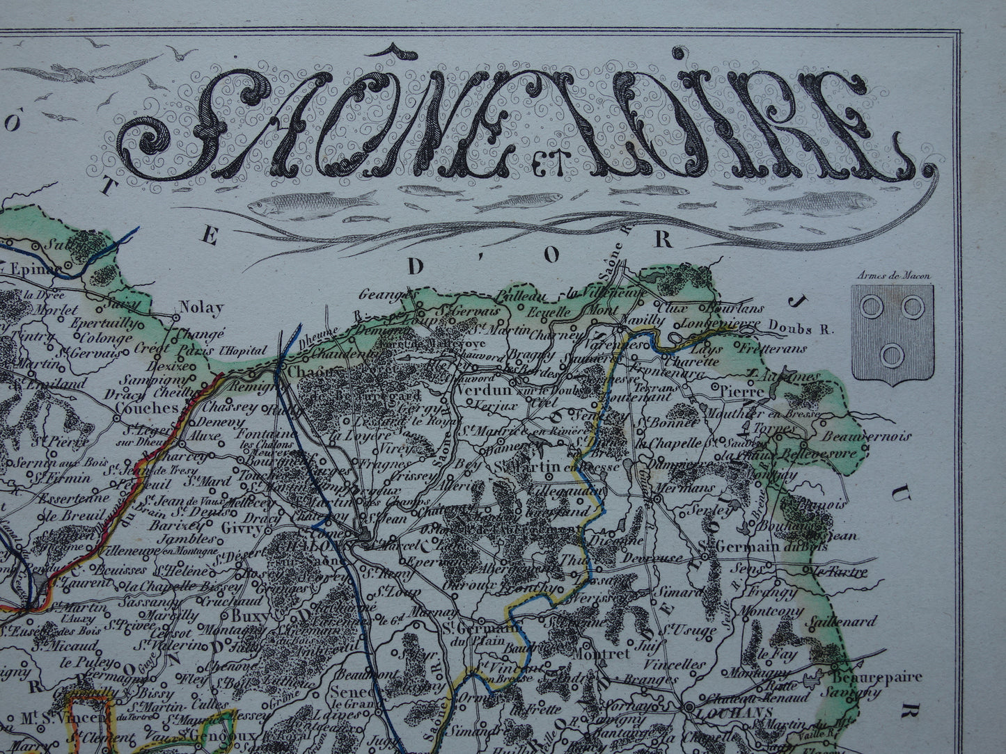 Antique map of Saône-et-Loire department in France from 1851 original old hand colored map Mâcon