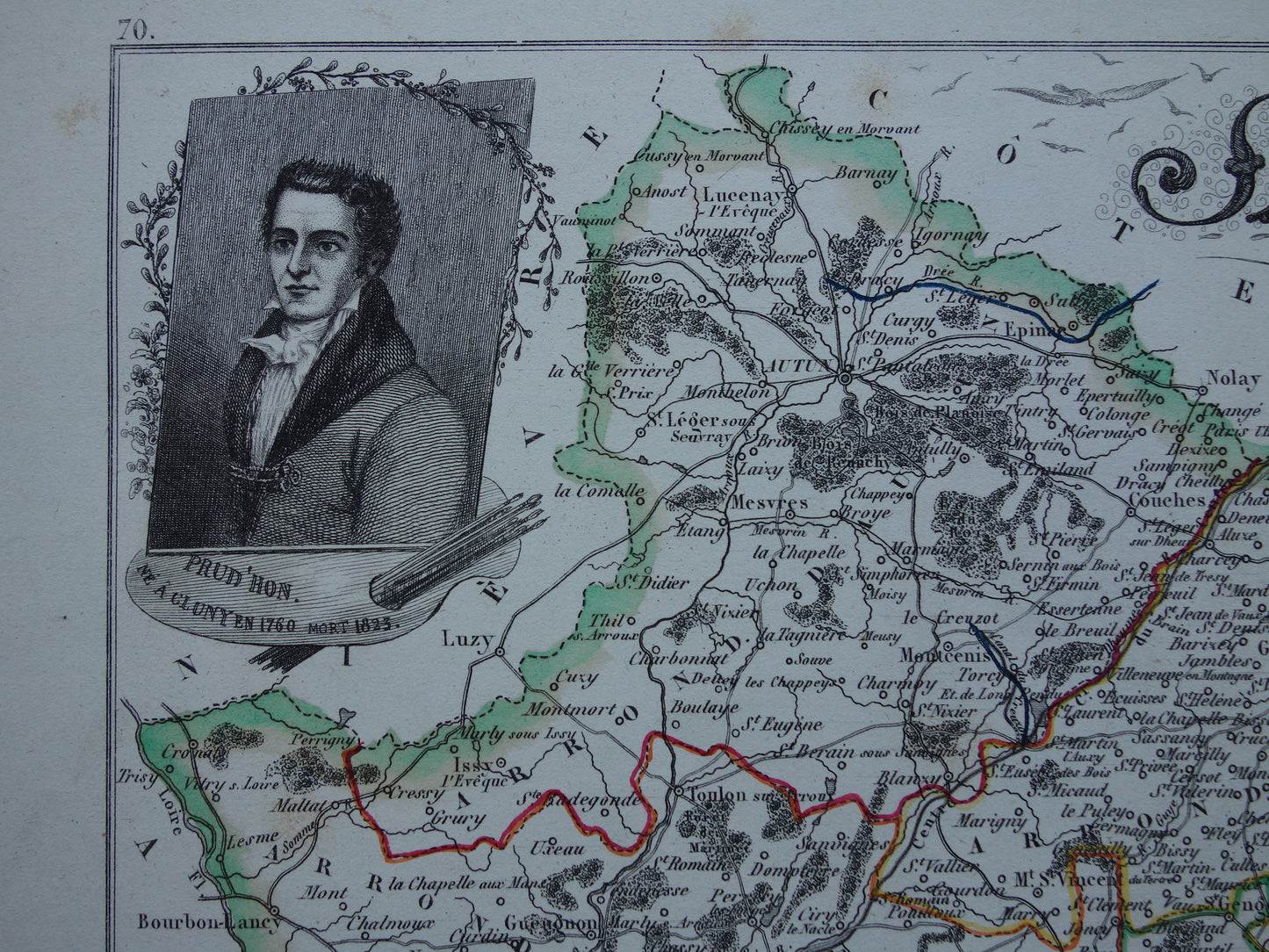 Antique map of Saône-et-Loire department in France from 1851 original old hand colored map Mâcon