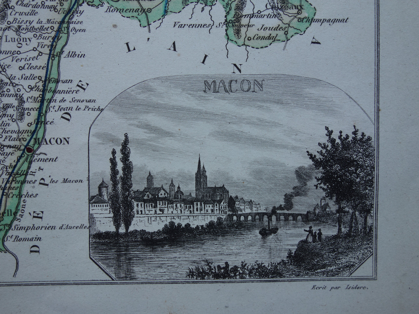 Antique map of Saône-et-Loire department in France from 1851 original old hand colored map Mâcon