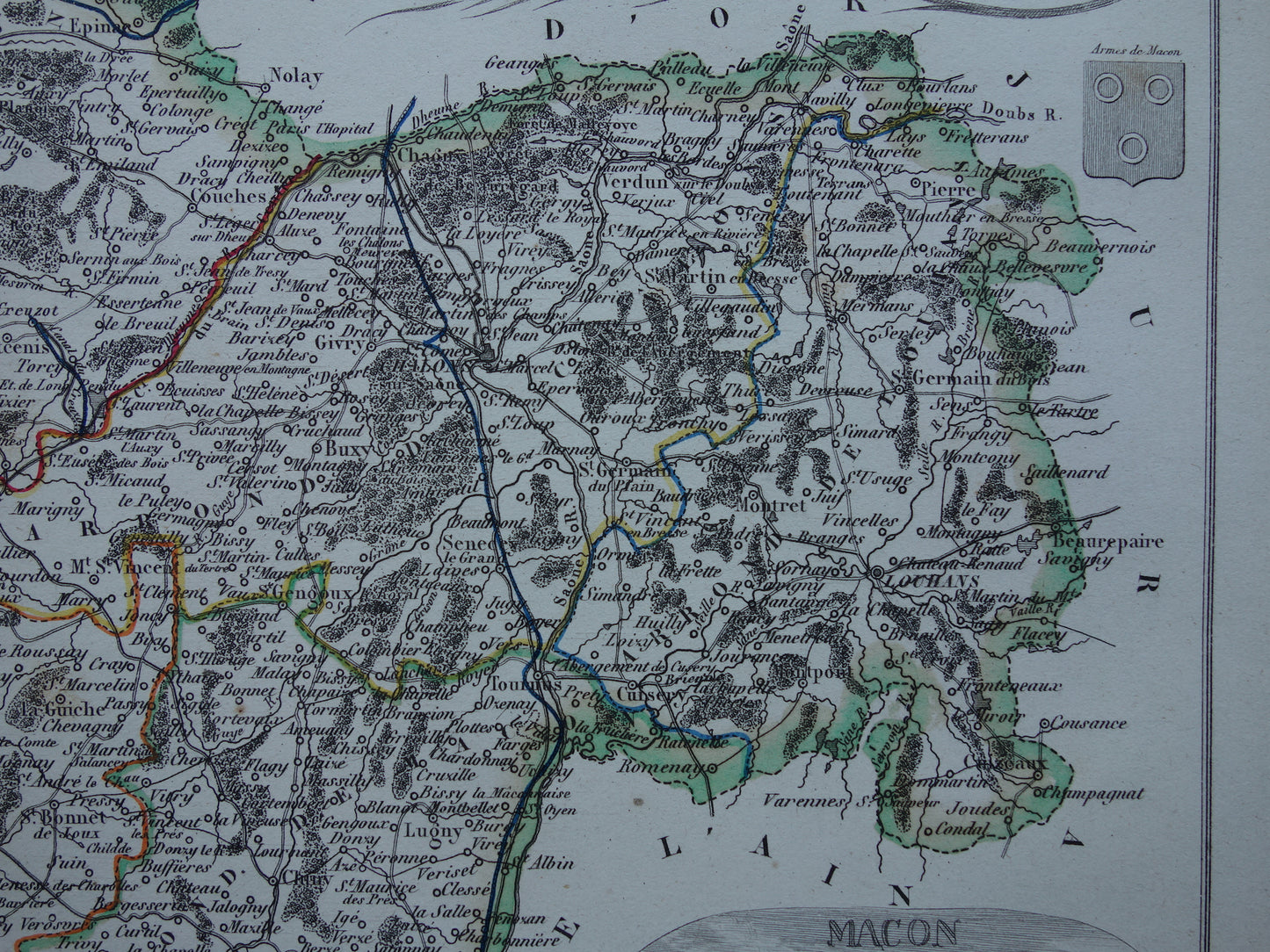 Antique map of Saône-et-Loire department in France from 1851 original old hand colored map Mâcon