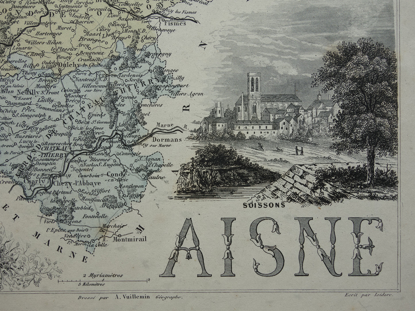 Oude kaart AISNE departement Frankrijk uit 1870 originele antieke handgekleurde landkaart Laon Soissons Saint-Quentin