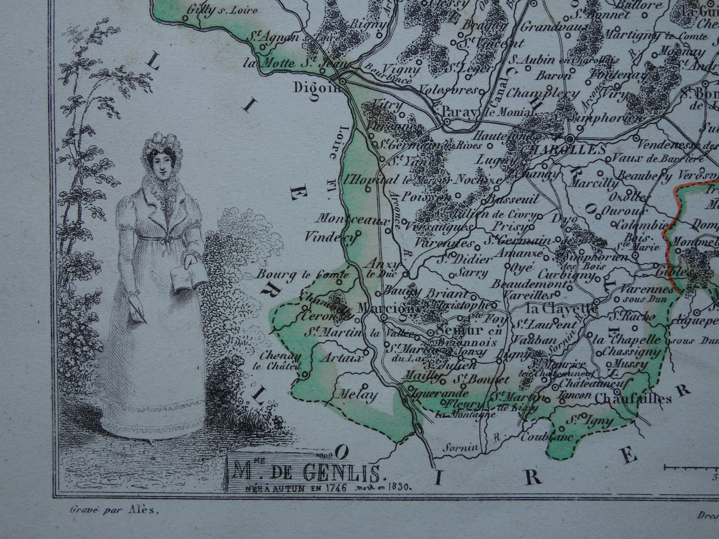 Antique map of Saône-et-Loire department in France from 1851 original old hand colored map Mâcon