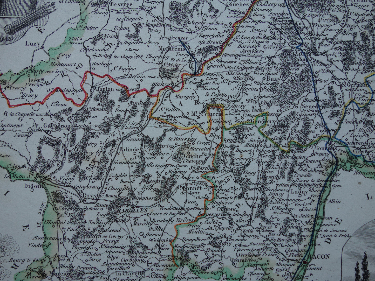 Antique map of Saône-et-Loire department in France from 1851 original old hand colored map Mâcon