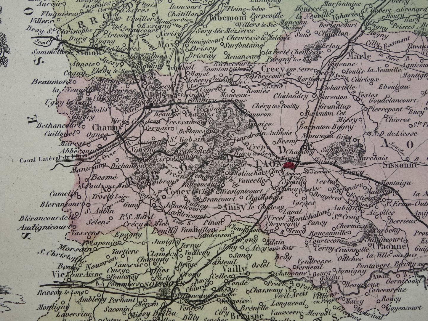 Oude kaart AISNE departement Frankrijk uit 1870 originele antieke handgekleurde landkaart Laon Soissons Saint-Quentin