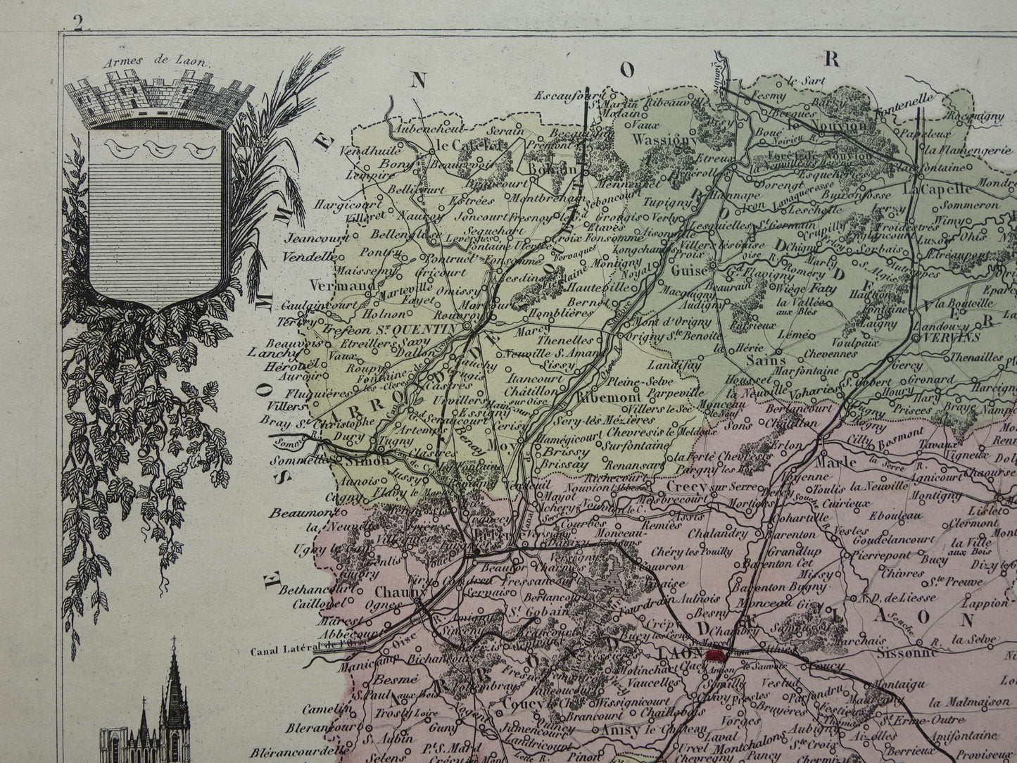 Oude kaart AISNE departement Frankrijk uit 1870 originele antieke handgekleurde landkaart Laon Soissons Saint-Quentin
