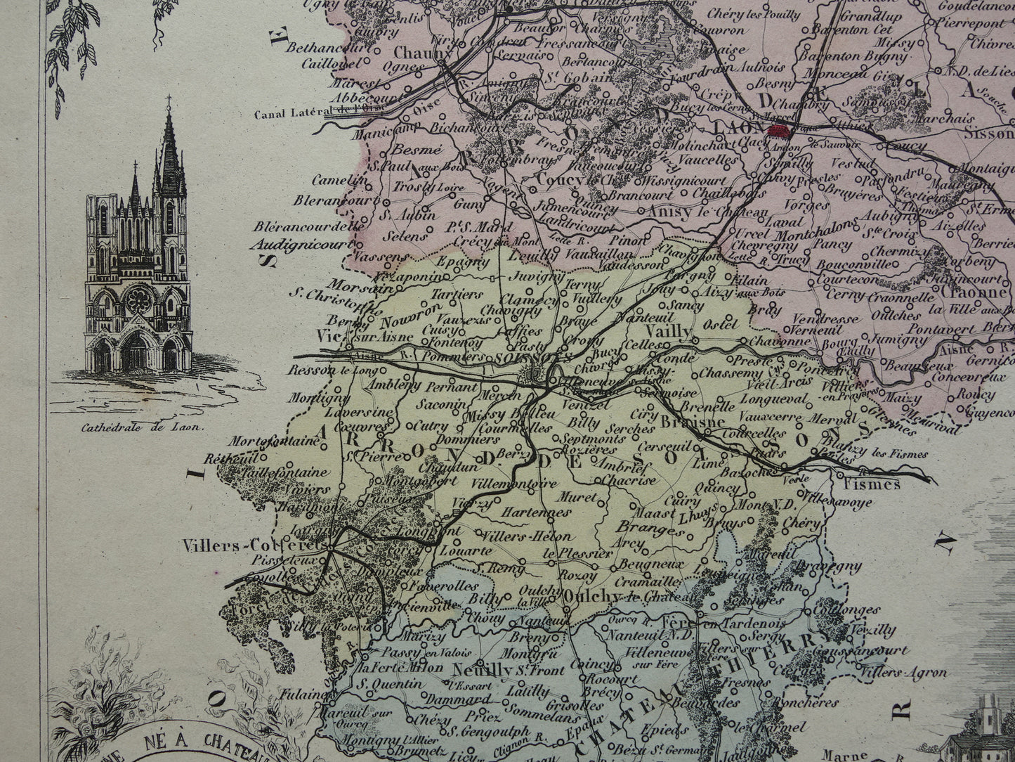 Oude kaart AISNE departement Frankrijk uit 1870 originele antieke handgekleurde landkaart Laon Soissons Saint-Quentin