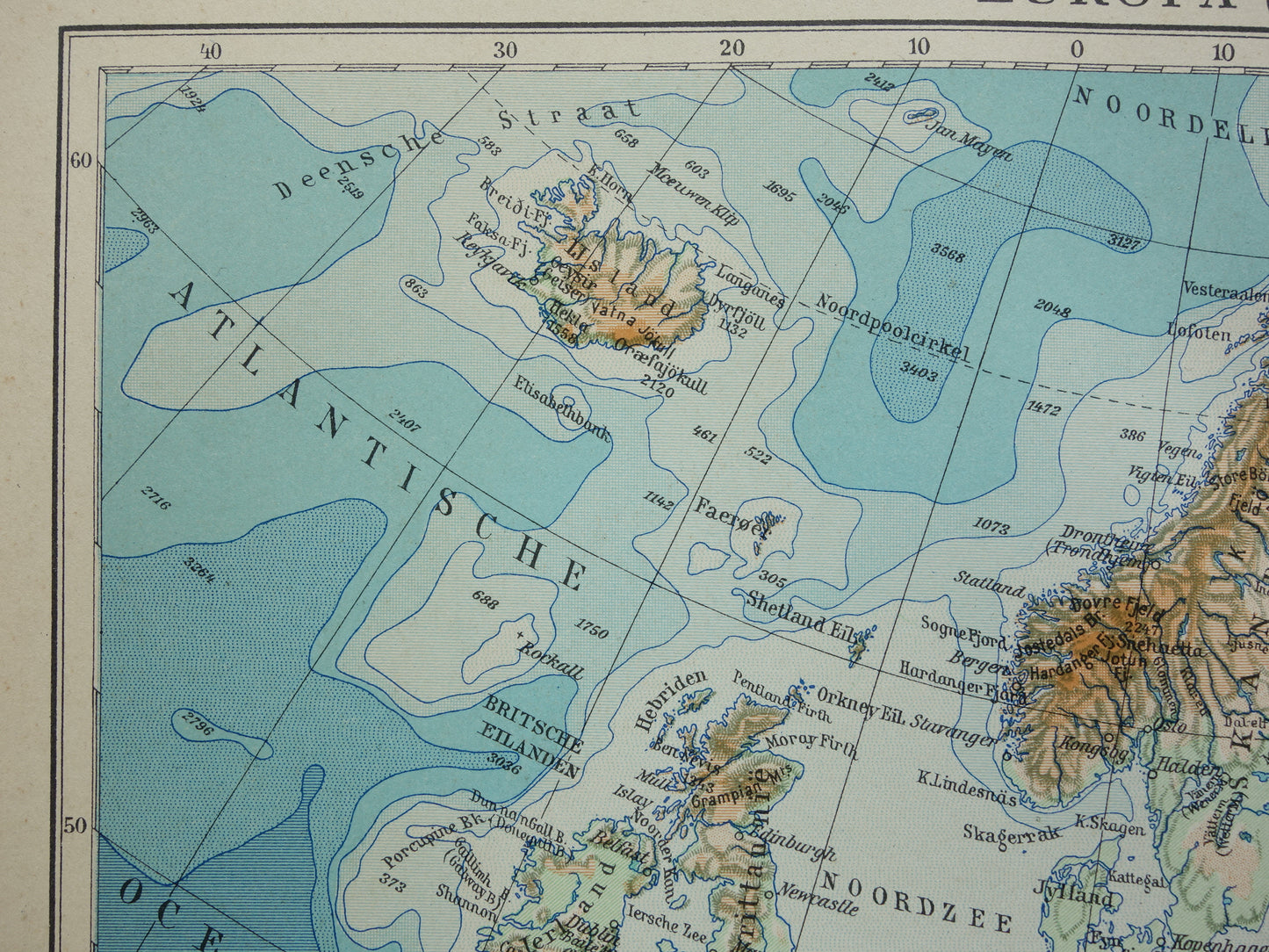 EUROPA Oude fysieke kaart van Europa uit 1935 oiginele Nederlandse vintage landkaart Bergen Rivieren Geologie hoogtekaart