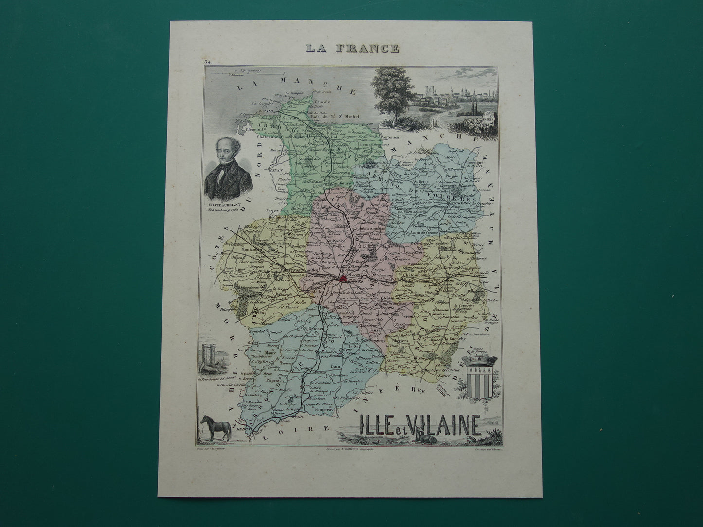 Ille et Vilaine department France old map 1870 original antique map Rennes historical maps