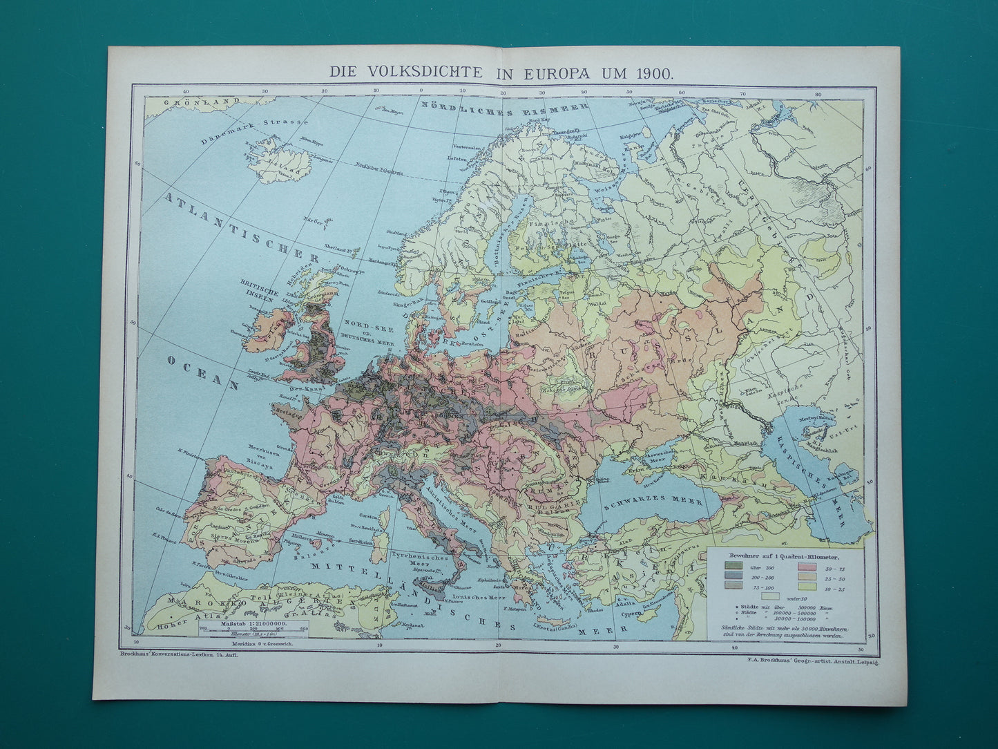 Old map Population Density of Europe from the year 1902 antique Thematic map