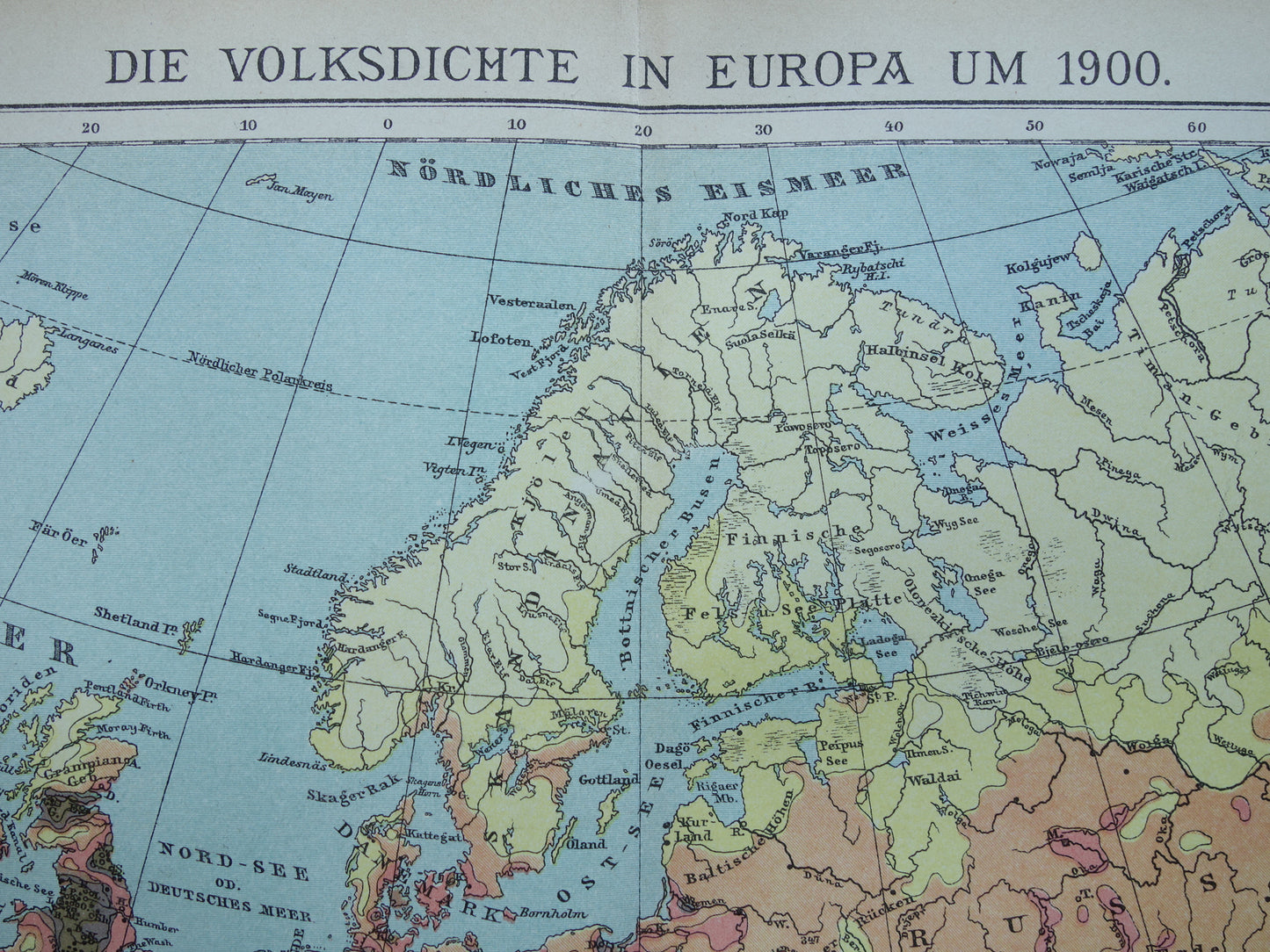 Old map Population Density of Europe from the year 1902 antique Thematic map