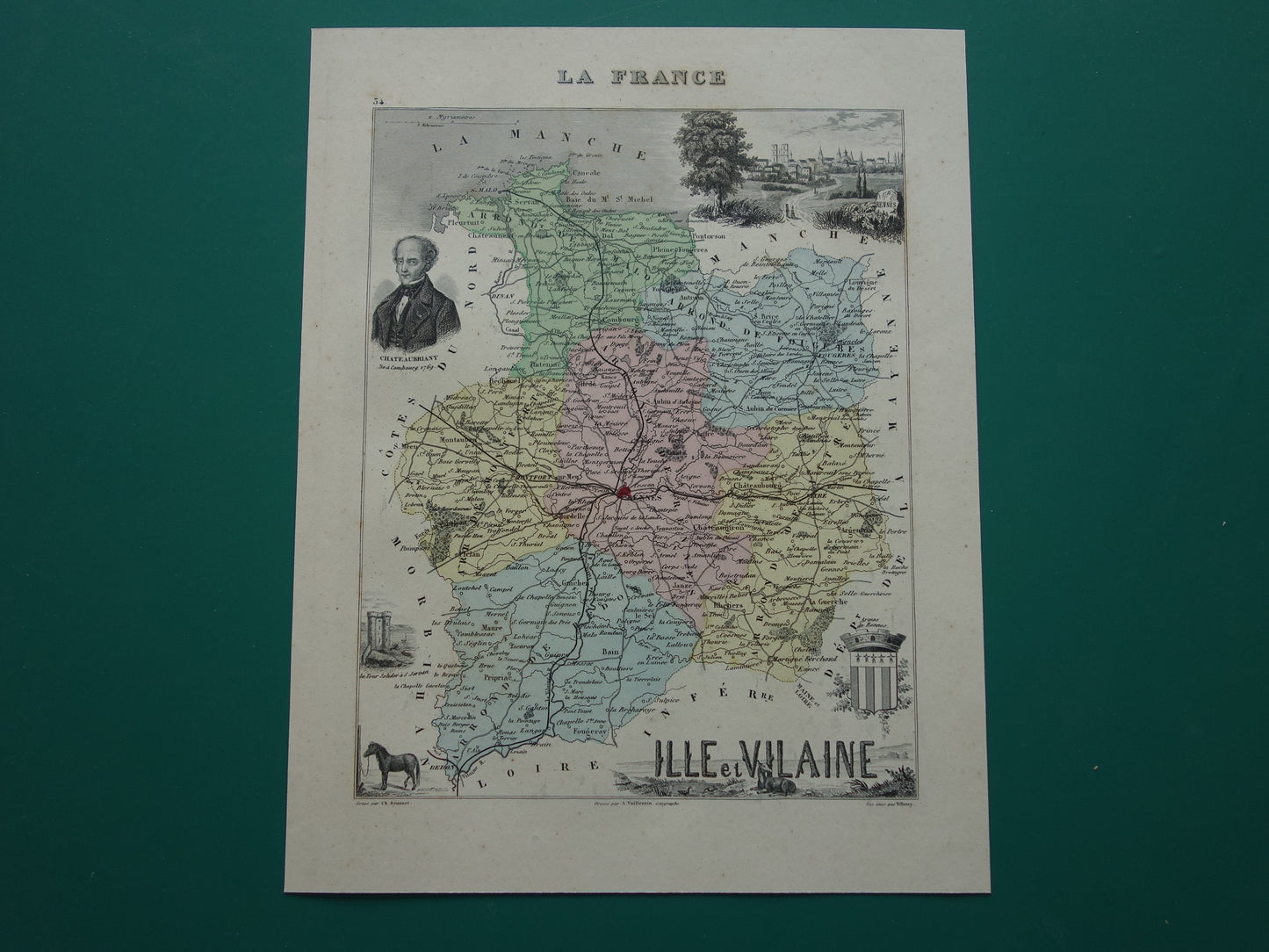 Ille et Vilaine department France old map 1870 original antique map Rennes historical maps