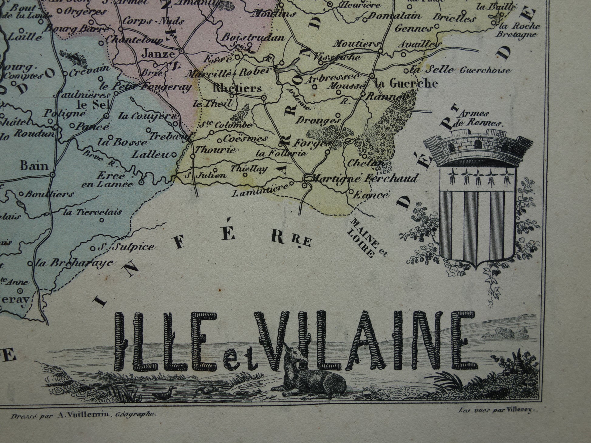 Ille et Vilaine departement Frankrijk oude kaart 1870 originele antieke landkaart Rennes historische kaarten