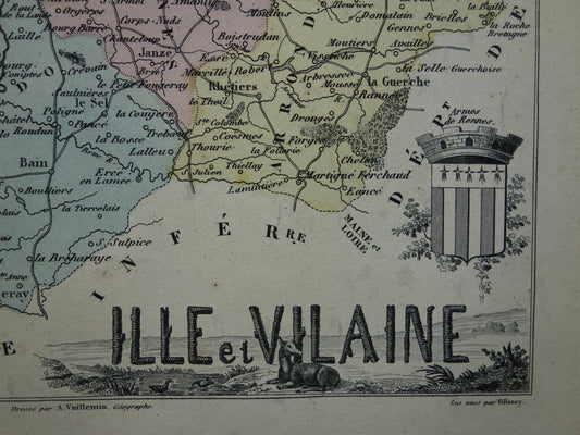 Ille et Vilaine departement Frankrijk oude kaart 1870 originele antieke landkaart Rennes historische kaarten
