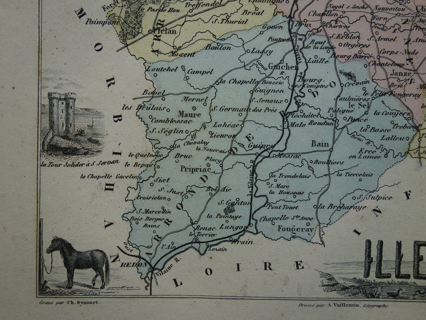 Ille et Vilaine department France old map 1870 original antique map Rennes historical maps