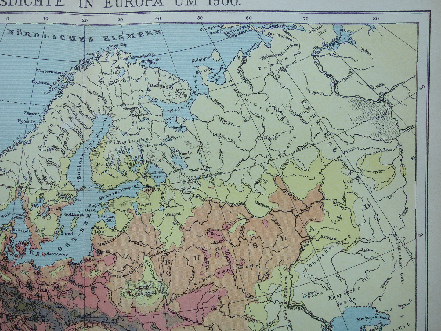 Old map Population Density of Europe from the year 1902 antique Thematic map