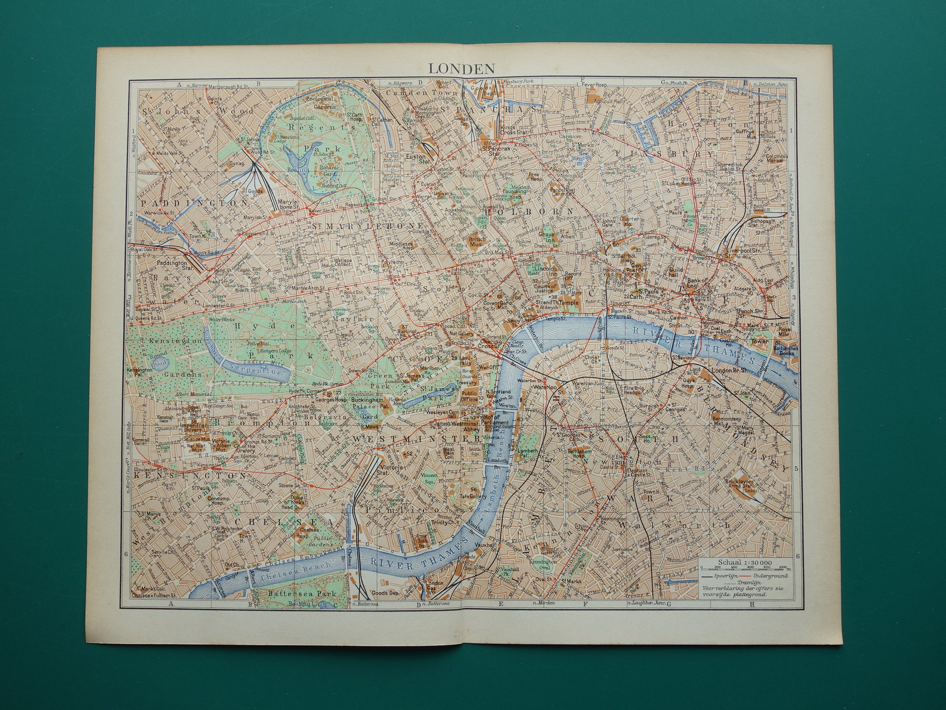 LONDEN oude plattegrond uit 1936 originele Nederlandse antieke kaart van centrum Londen City Westend Westminster