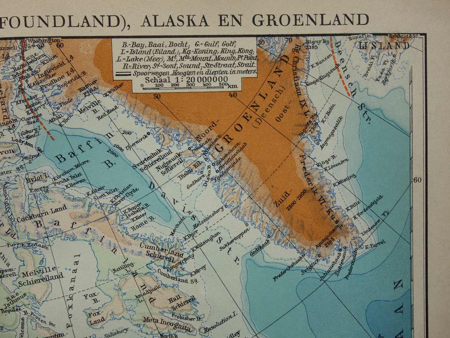 Old map of Canada Greenland and Alaska original vintage Dutch map 1930s