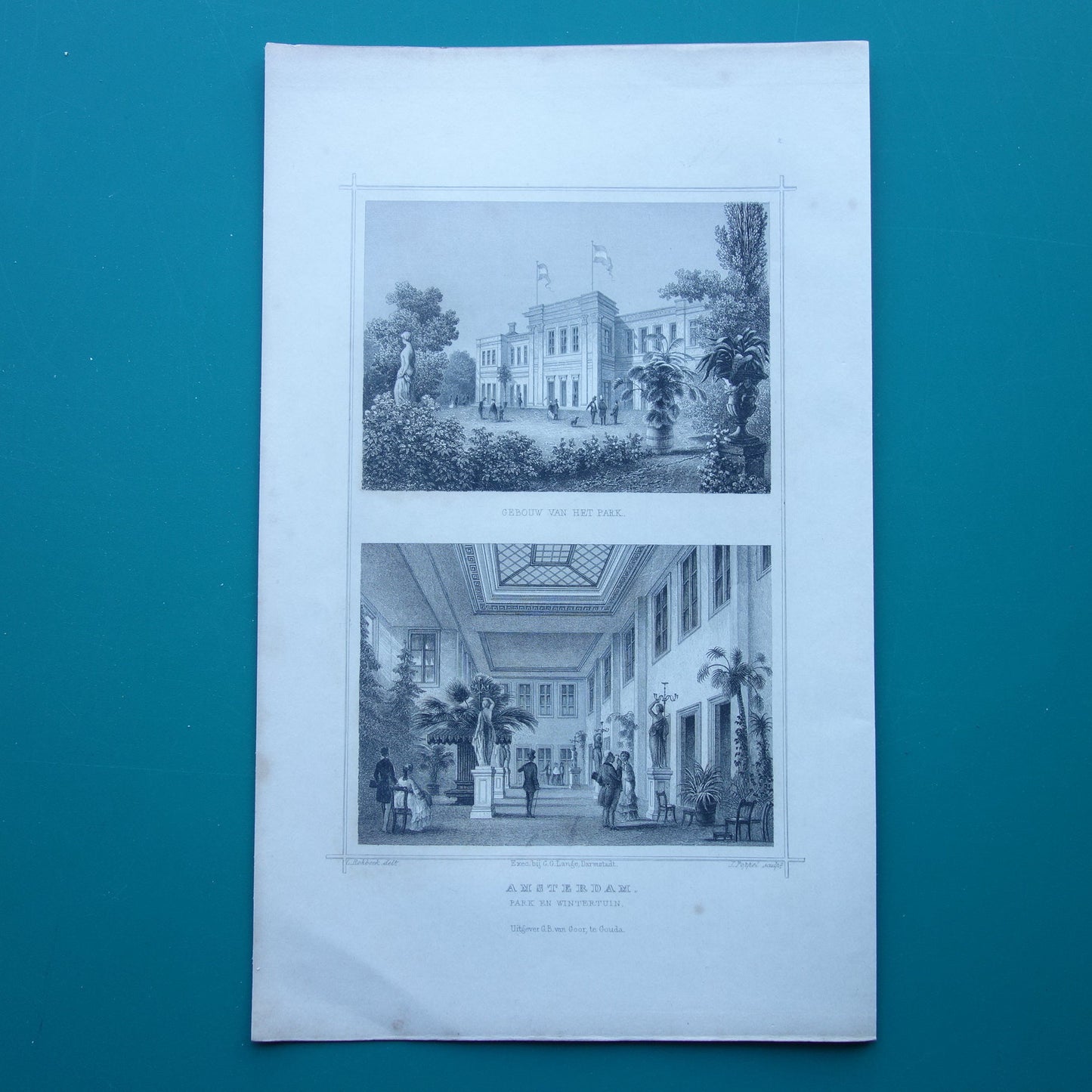 Oude prent Parkzaal Plantage Parklaan Wertheimpark Parktuin uit 1858 Originele antieke gravure Terwen Koningrijk der Nederlanden Amsterdam Park en Wintertuin