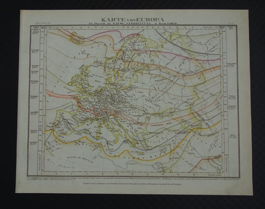 Klimaatkaart van Europa uit 1851 oude handgekleurde kaart temperatuur continent Europa - vintage print