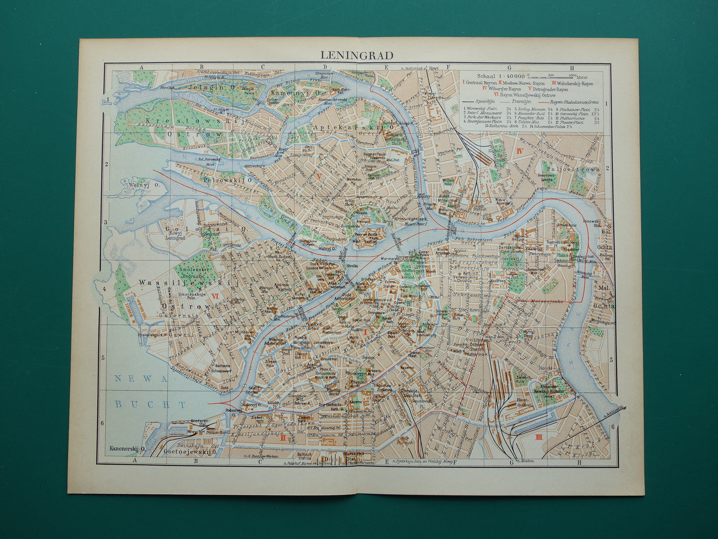 Sint-Petersburg oude plattegrond uit 1936 originele Nederlandse antieke kaart van Leningrad