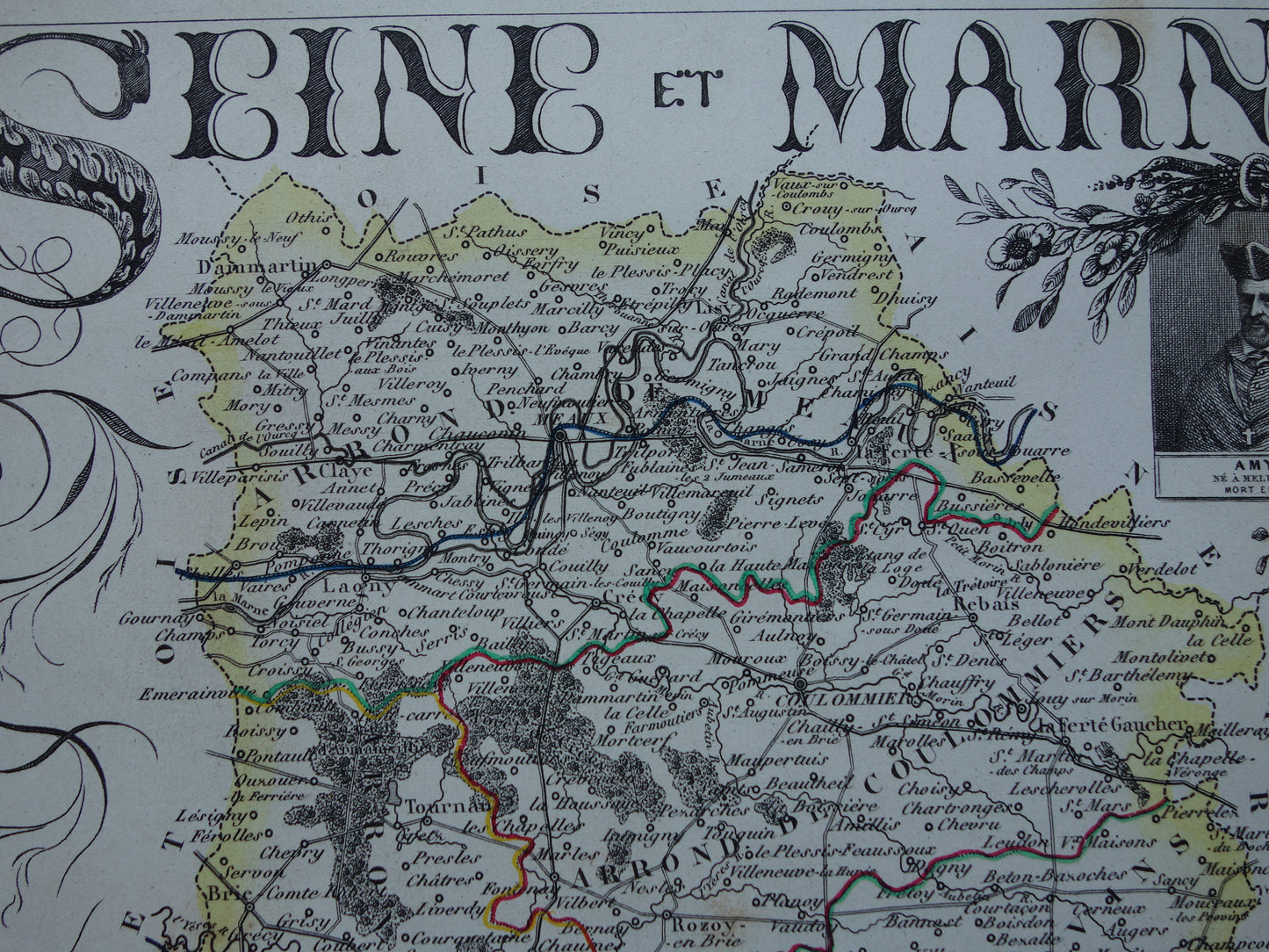 Oude kaart Seine et Marne departement in Frankrijk uit 1851 originele antieke handgekleurde landkaart Montereau