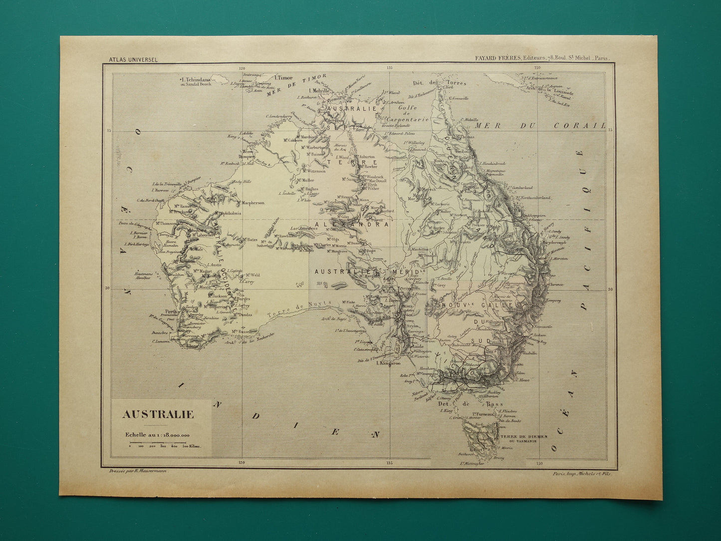Oude kaart van Australië uit 1896 originele antieke Franse handgekleurde landkaart Australië
