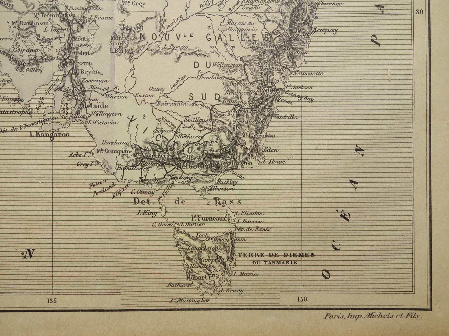 Oude kaart van Australië uit 1896 originele antieke Franse handgekleurde landkaart Australië