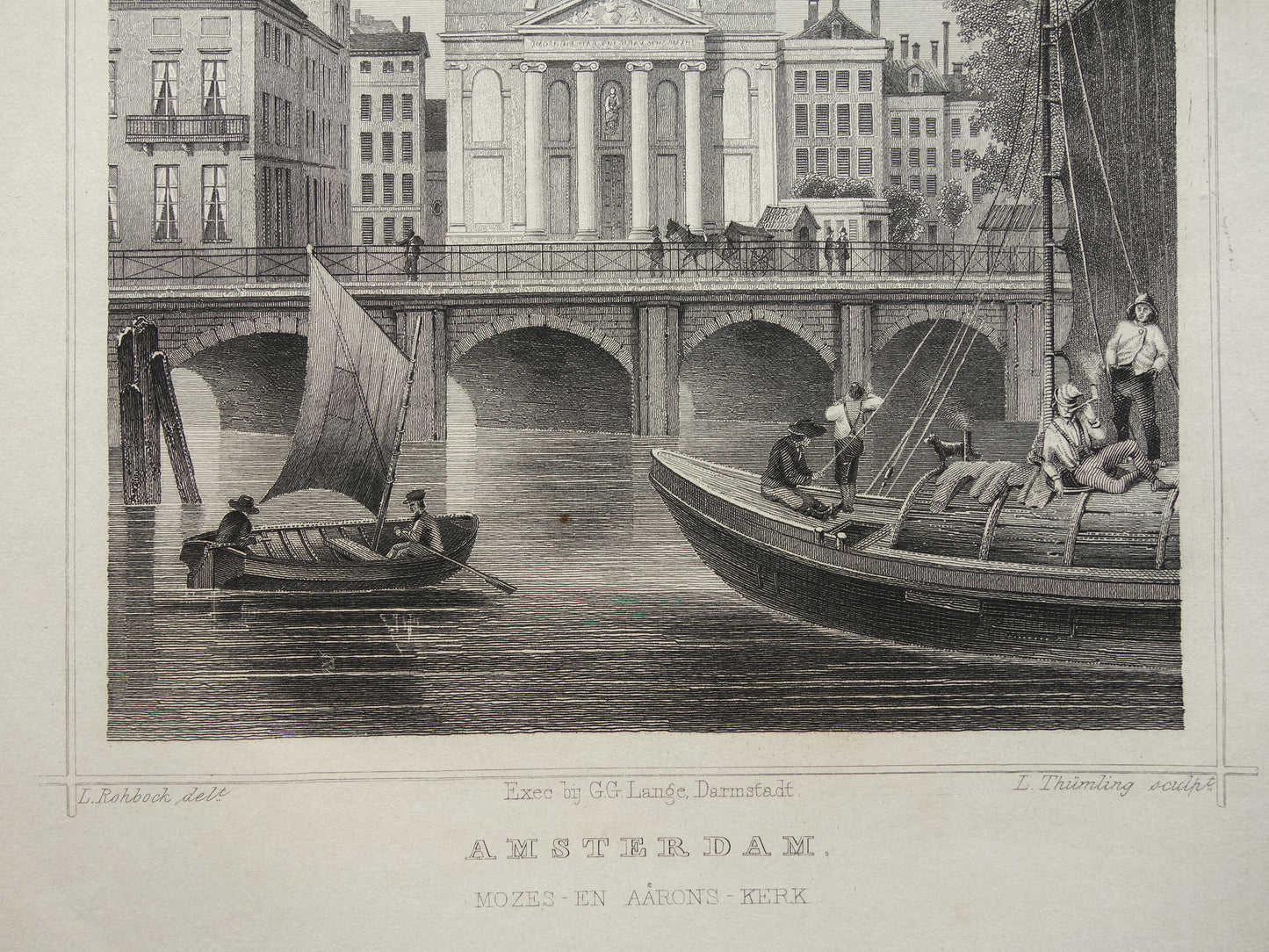 De Mozes en Aäronkerk Amsterdam Oude prent uit 1858 Originele antieke gravure Terwen Koningrijk der Nederlanden