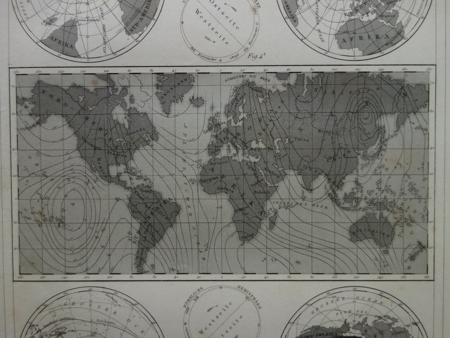 Old Map of the Earth's Magnetic Field from 1849 original antique world map magnetism poles north pole south pole