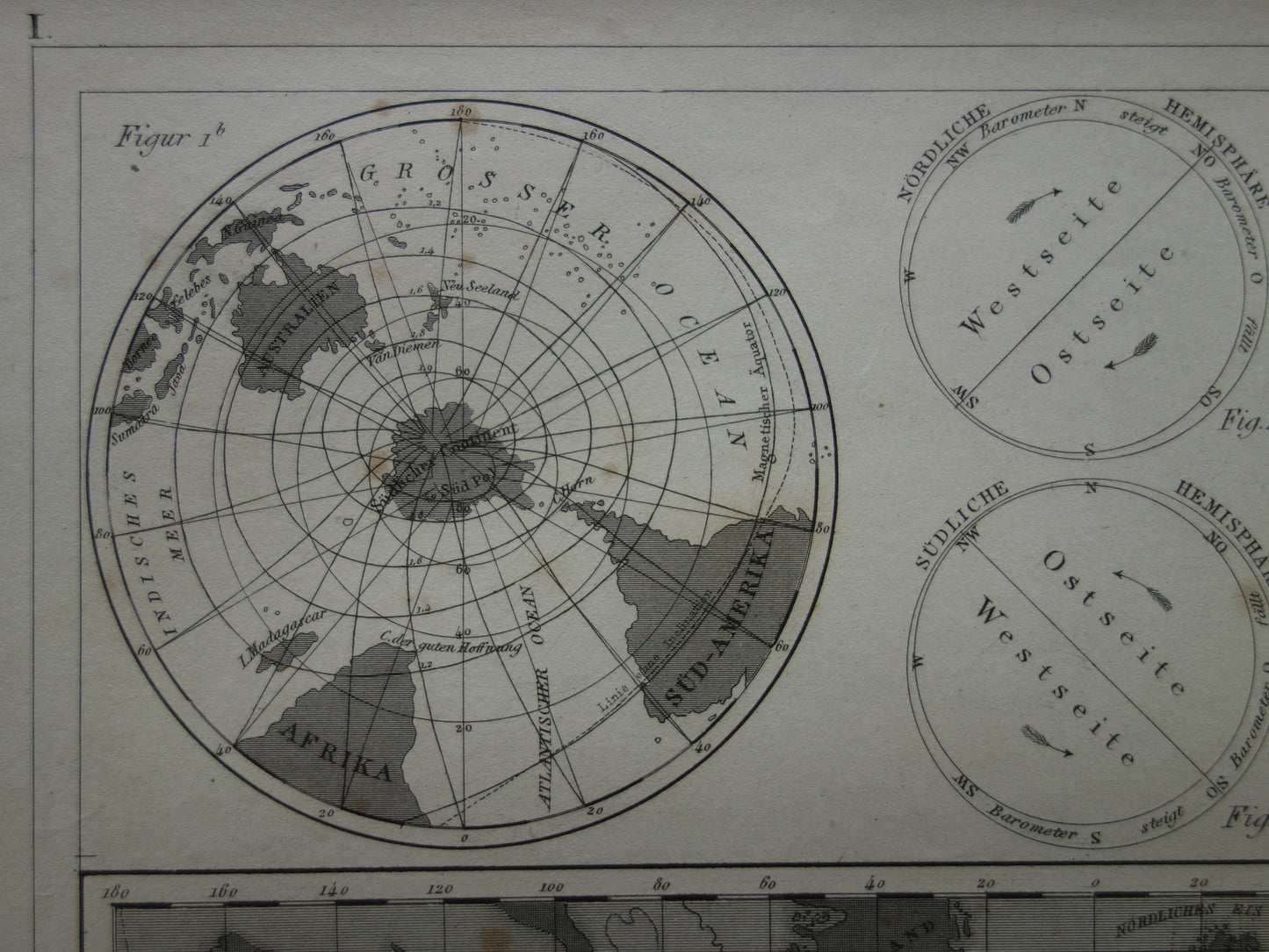 Old Map of the Earth's Magnetic Field from 1849 original antique world map magnetism poles north pole south pole