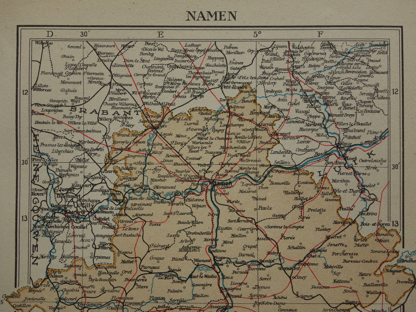 NAMEN oude kaart van provincie Namen België uit 1937 kleine originele vintage landkaart Namur Nameur