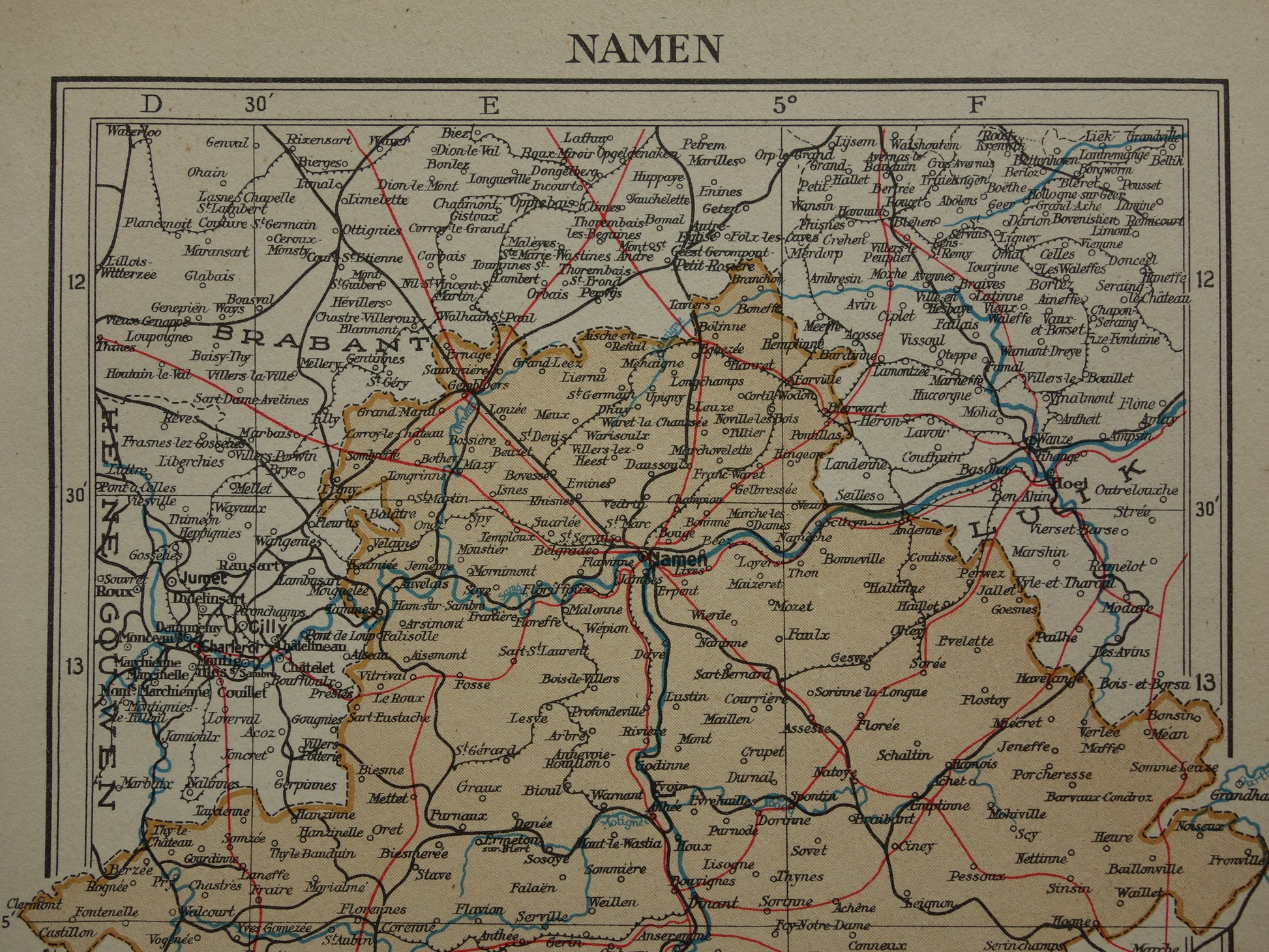 NAMEN oude kaart van provincie Namen België uit 1937 kleine originele vintage landkaart Namur Nameur