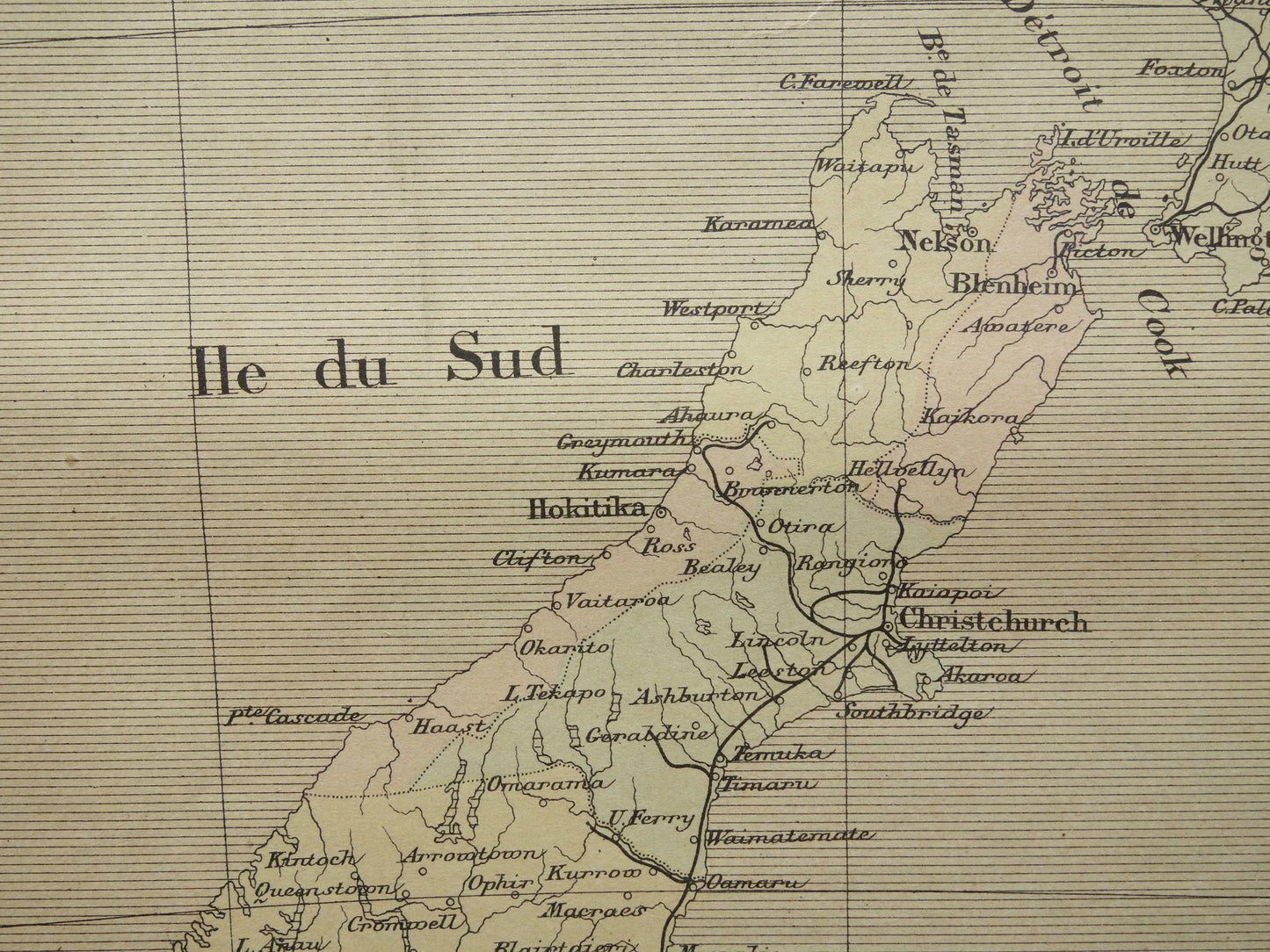 NEW ZEALAND old map from 1896 original antique French hand-coloured map New Zealand